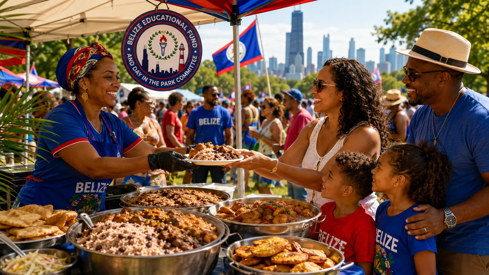 Belizean food vendor serving family at the park