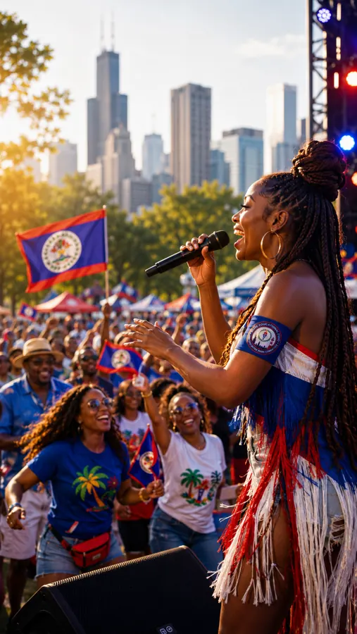 Performer and Belize flags at the event
